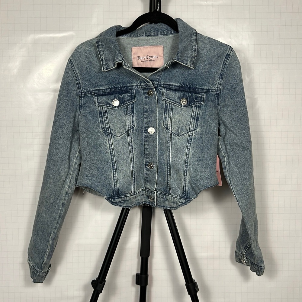 New Juicy Couture Women's Denim Jacket Medium Blue Cropped Button Front Regular